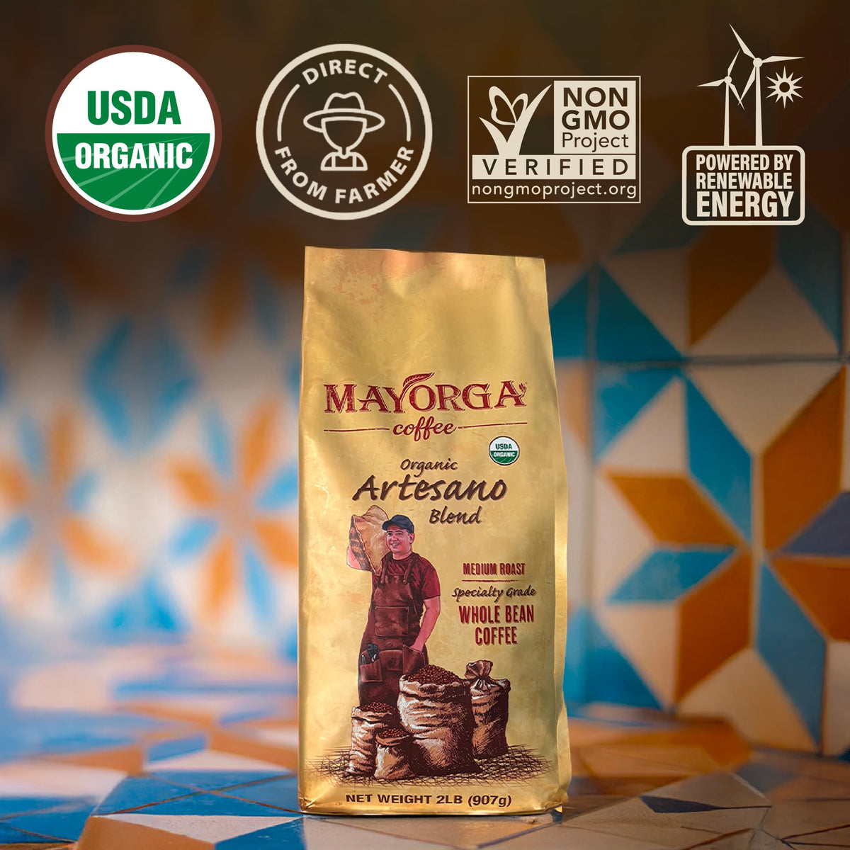 Mayorga Artesano organic label shows USDA Organic, Non-GMO, Kosher