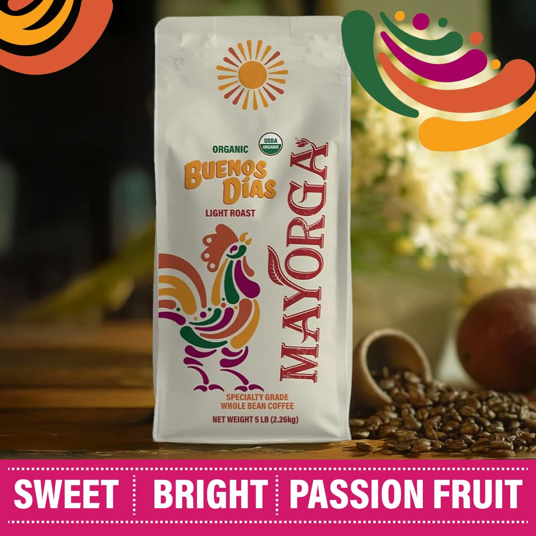 Mayorga Buenos Días certifications display USDA Organic, Non-GMO, and Kosher seals