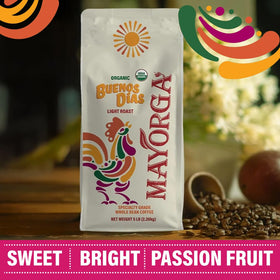 Mayorga Buenos Días certifications display USDA Organic, Non-GMO, and Kosher seals