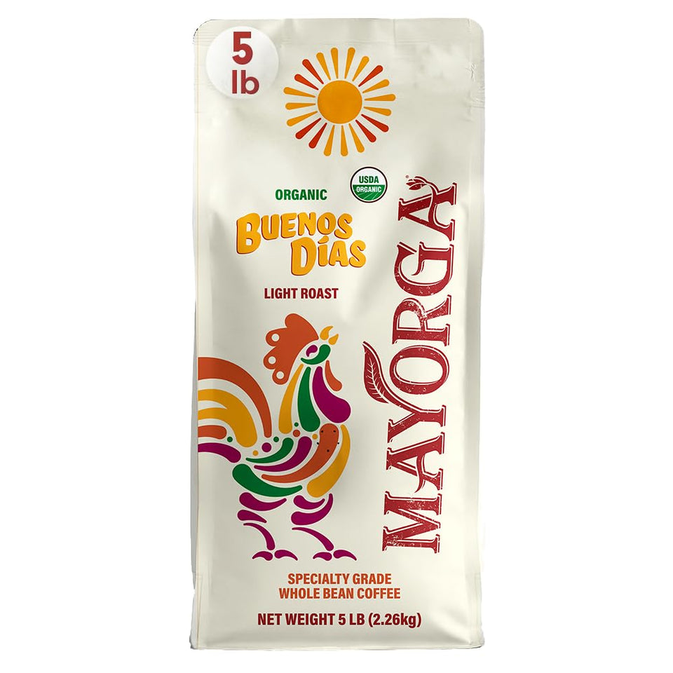 Mayorga Buenos Días light roast whole beans, ideal for at-home grinding and bright citrus notes