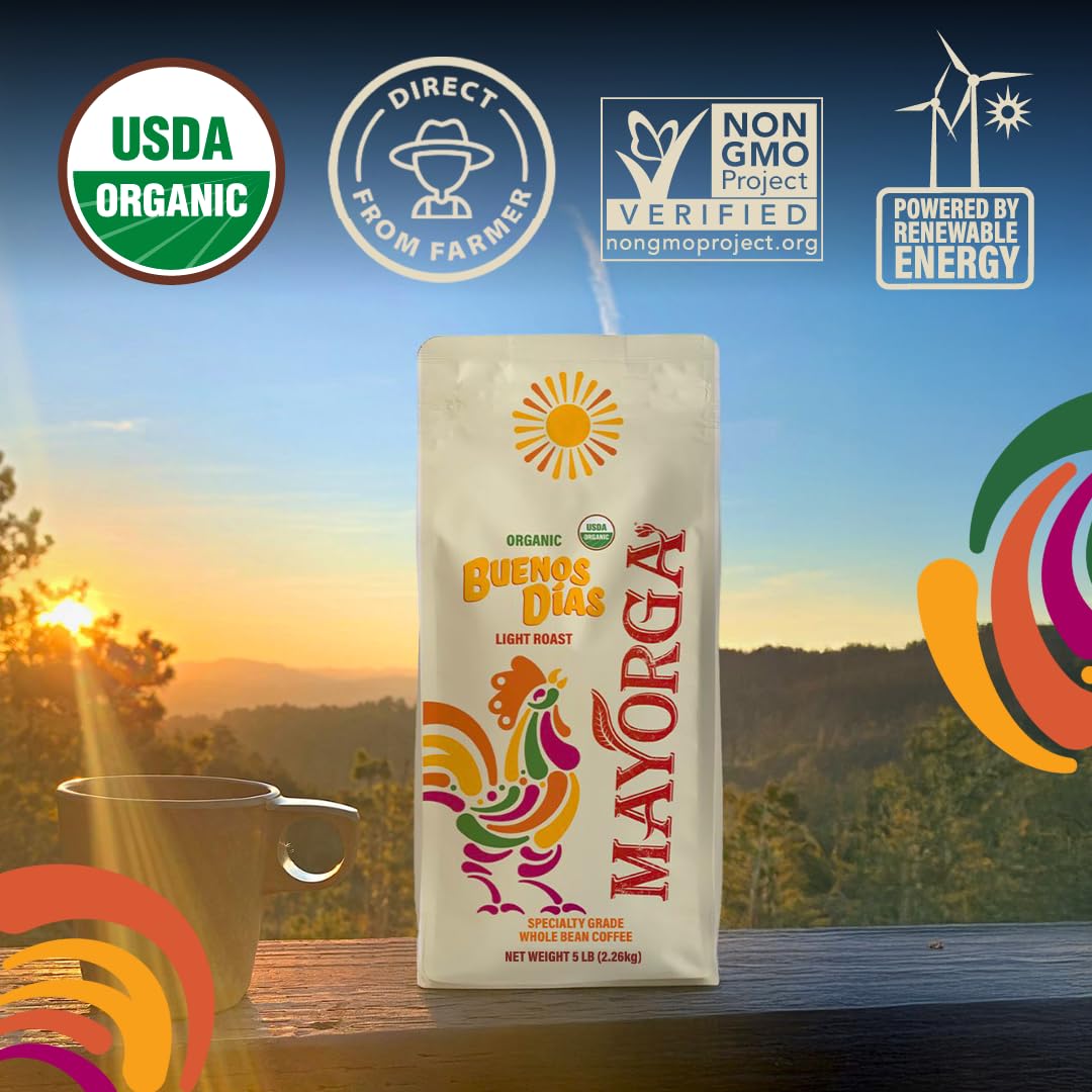 Mayorga Buenos Días organic coffee bag with USDA label signaling certified quality