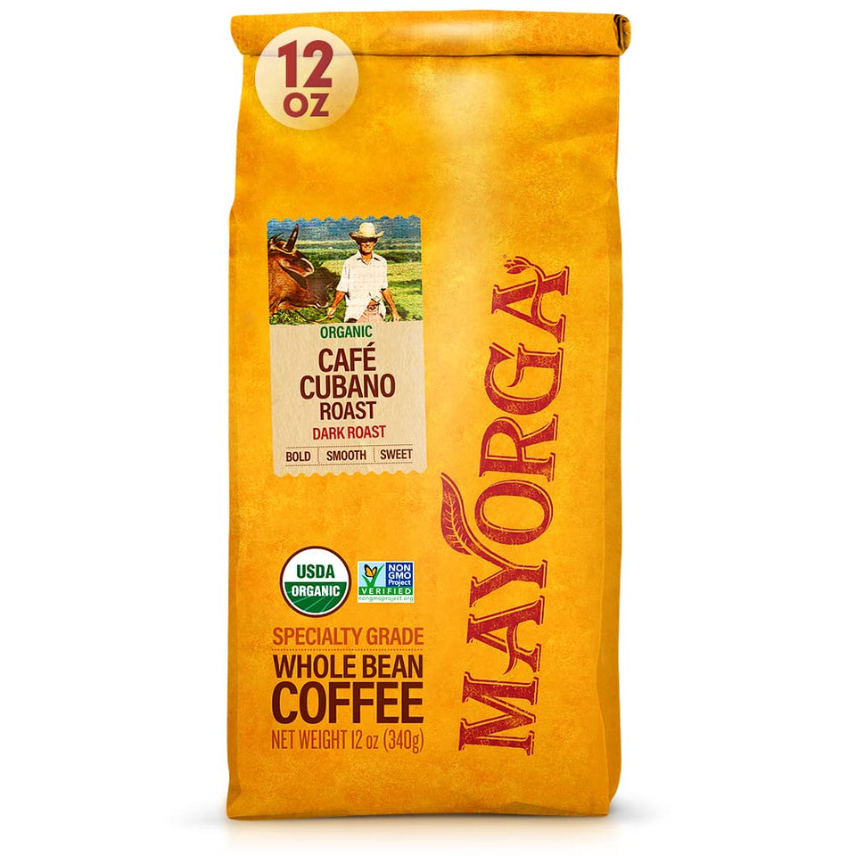 Mayorga Cafe Cubano roast whole beans with bold aroma and low acidity.
