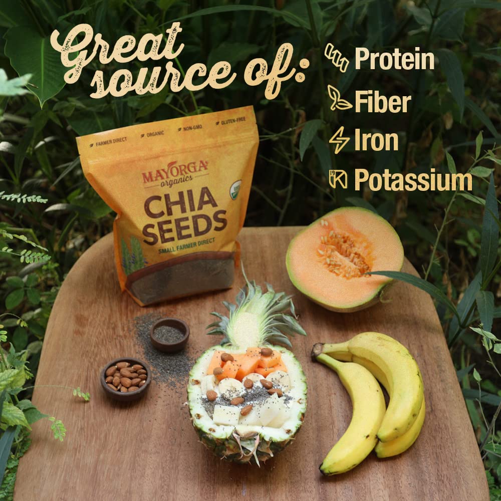 Mayorga Organic Raw Chia Seeds pour over a bowl, elevating fiber and plant-based protein.