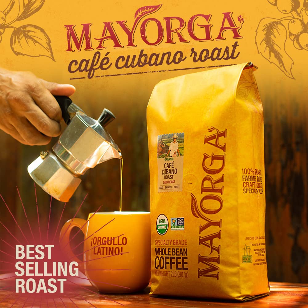 Mayorga Decaf Cubano packaging emphasizes organic, direct-trade origins.