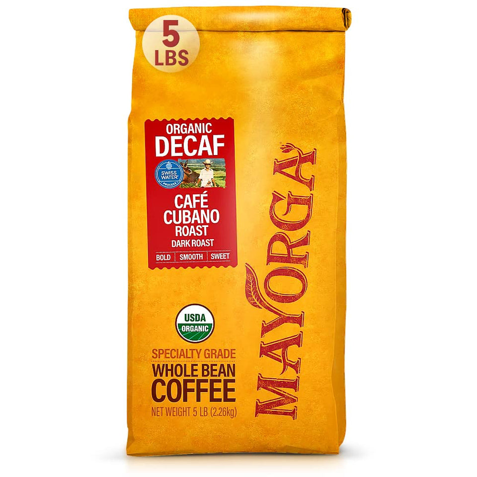 Mayorga Decaf Cubano roast bag top view shows compact packaging and aroma ready for use
