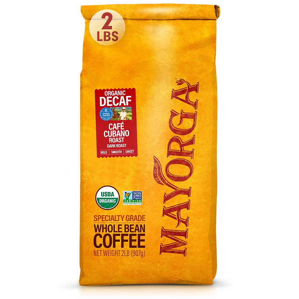 Mayorga Decaf Cubano Roast beans ready for grinding and brewing.