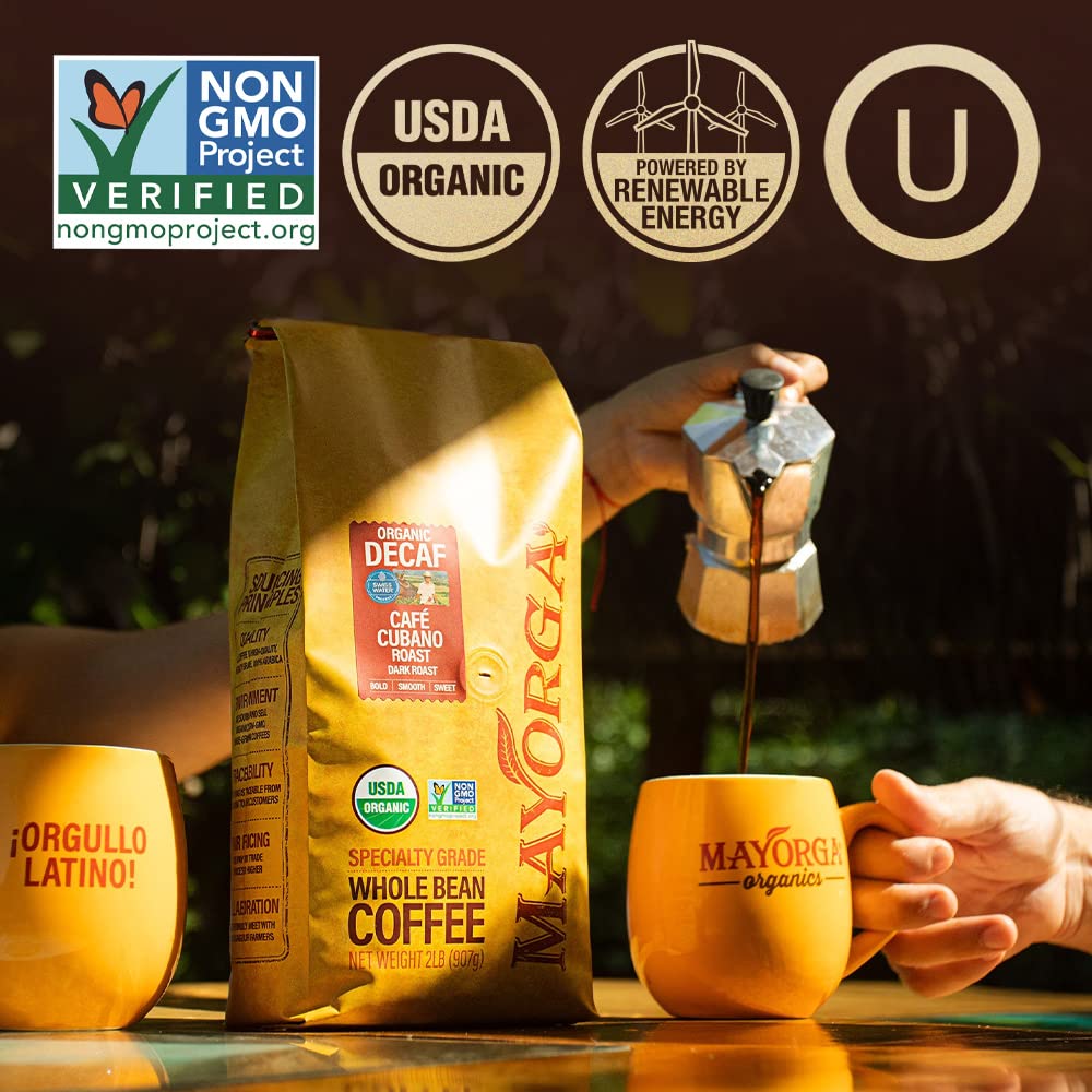 Mayorga Decaf Cubano roast sustainability seal emphasizes ethical sourcing
