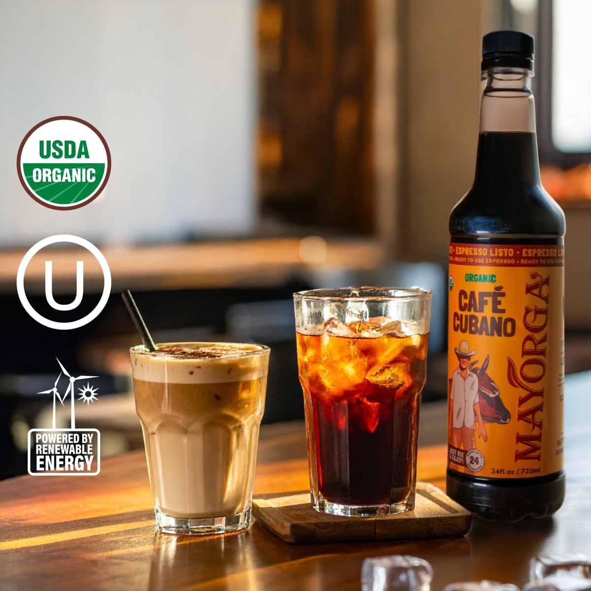 Mayorga Listo bottle beside a latte shows customizable espresso at home.
