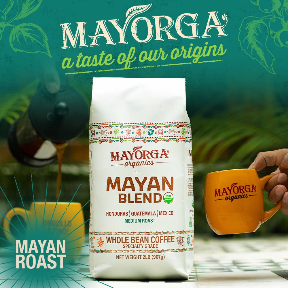 Close-up of Mayorga Mayan Blend beans showing chocolate and floral notes.