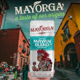 Close-up of Mayorga Mayan Blend beans highlights glossy 100% Arabica quality