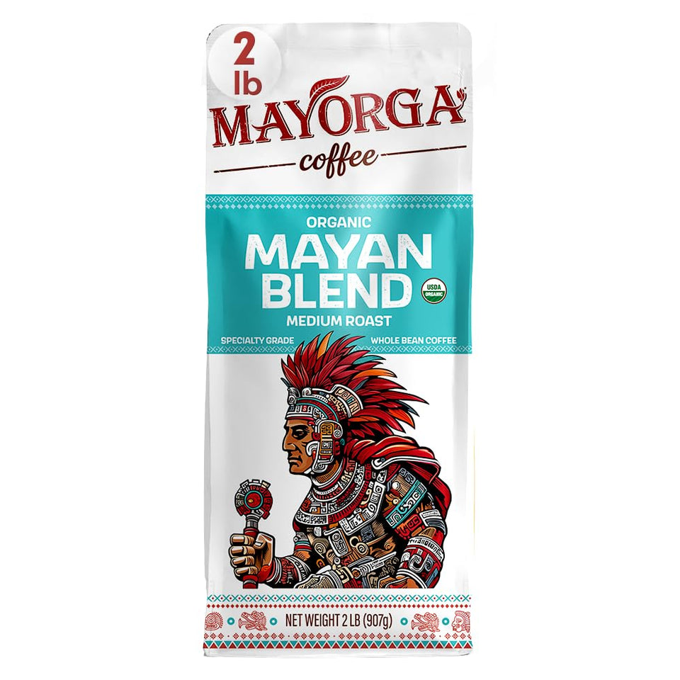 Mayorga Mayan Blend organic coffee bag showcasing organic beans for a fresh, flavorful morning