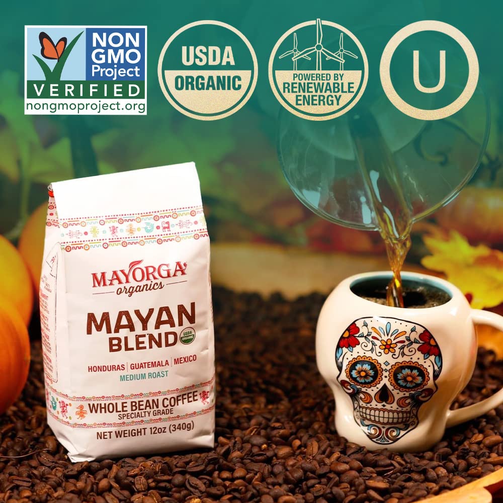 Open Mayorga Mayan Blend bag reveals fresh grounds and packaging details.
