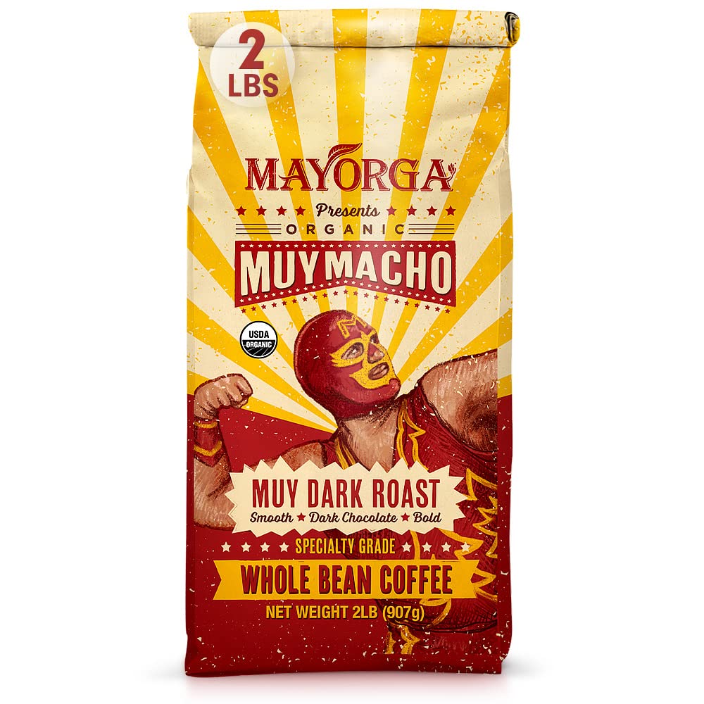 Mayorga Muy Macho roast bag showing 2 lb packaging for bulk freshness.