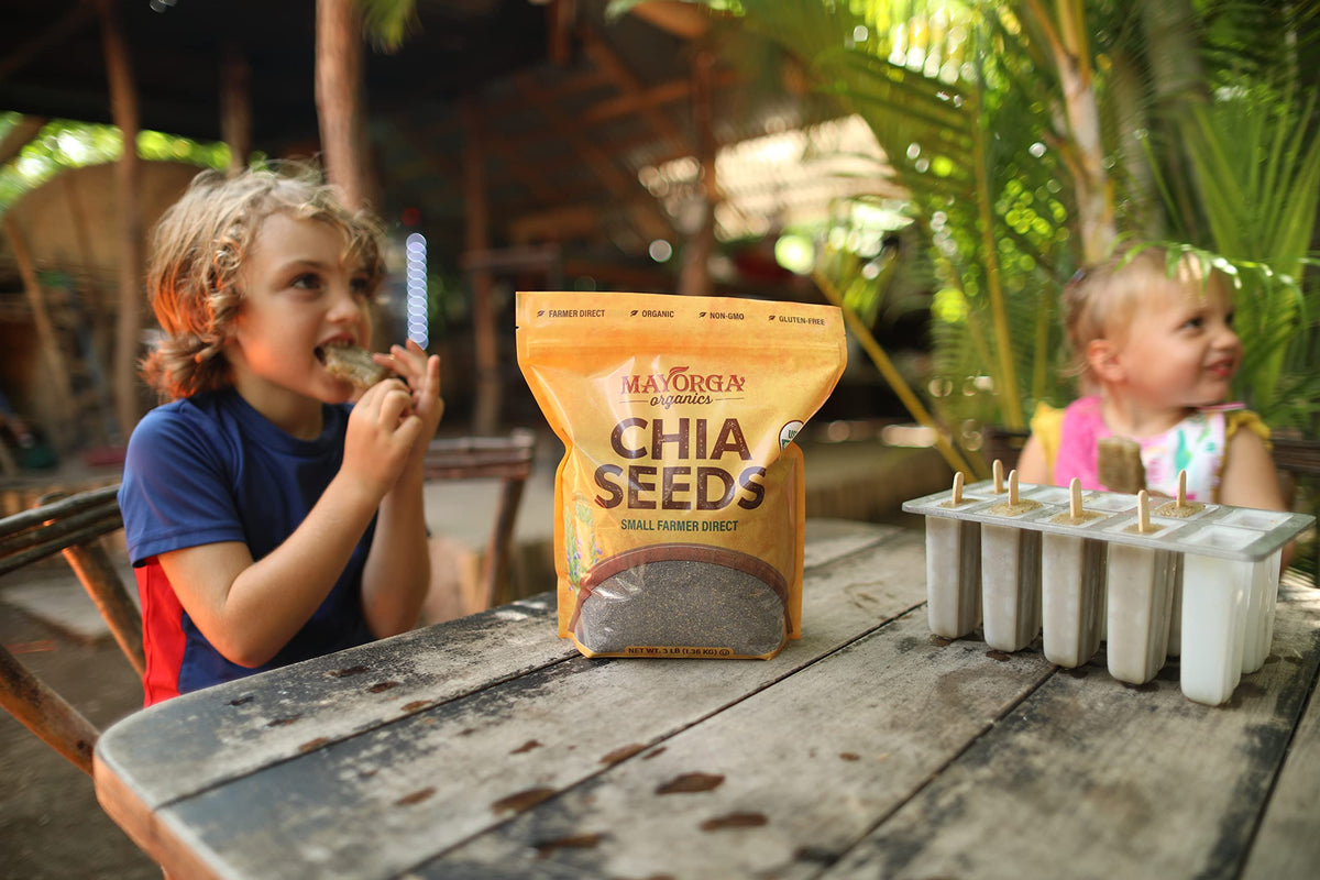 Mayorga Organic chia seeds labeled gluten-free and kosher for inclusive diets.