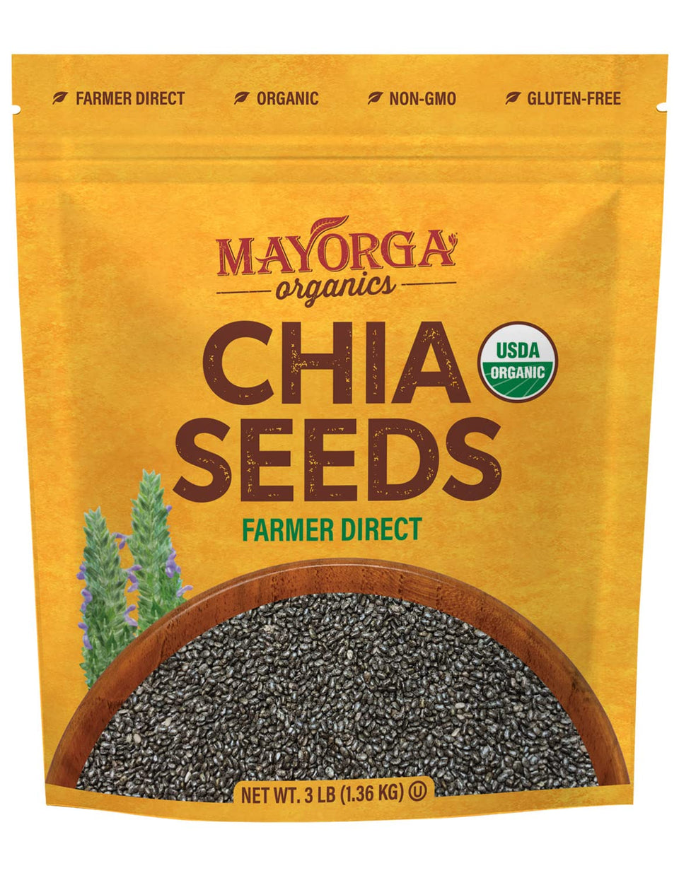 Mayorga Organic Raw Chia Seeds in a resealable bag for easy pantry storage.