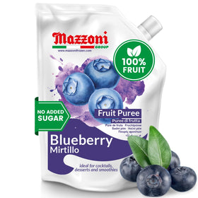 Mazzoni Blueberry Puree bottle pouring for smoothies and cocktails.