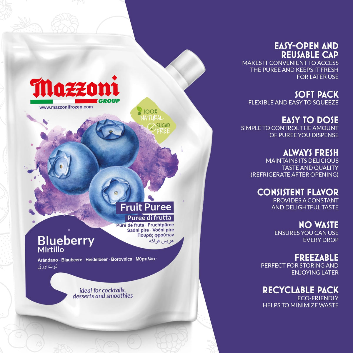 Mazzoni Blueberry Puree ready for cocktails like blueberry mojitos.