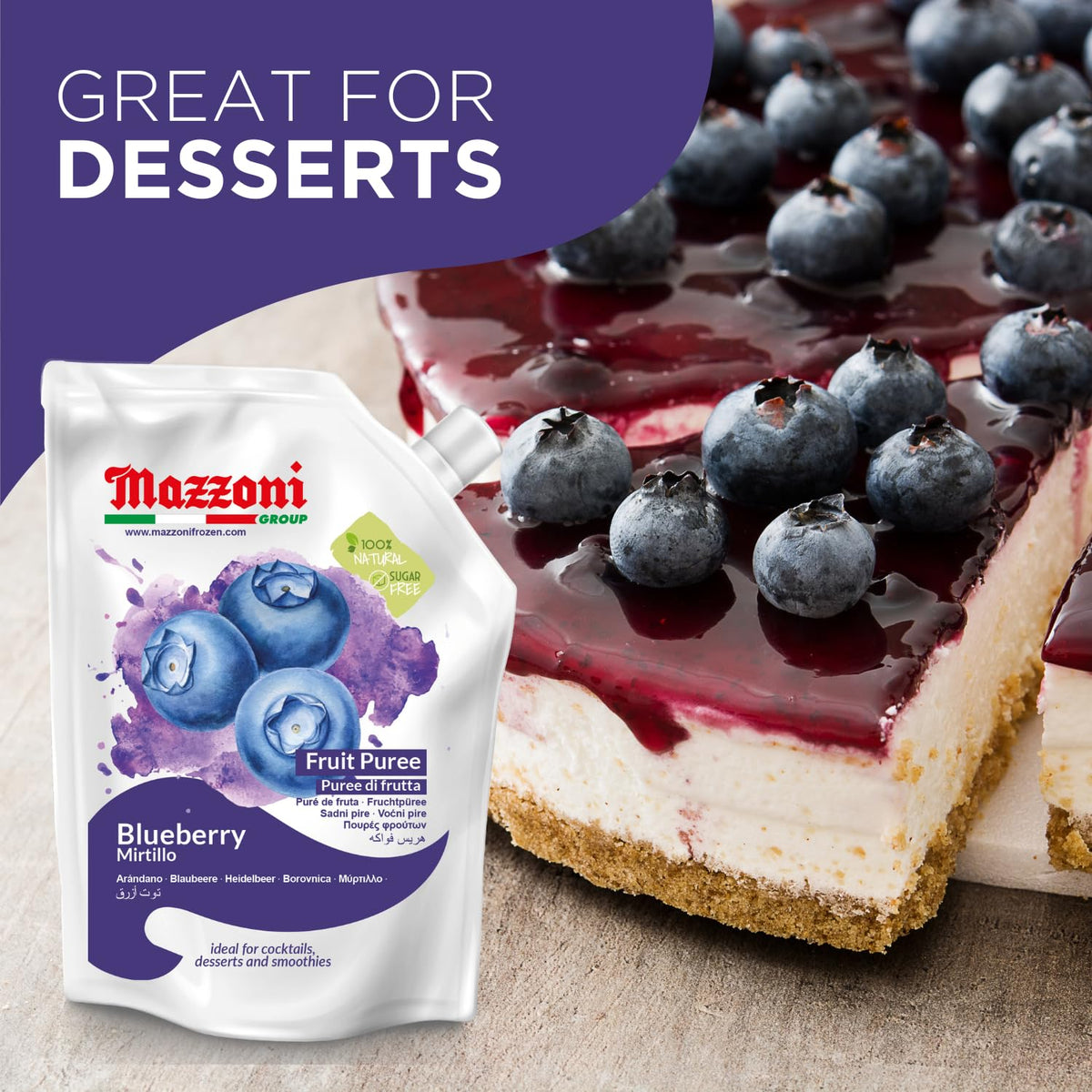 Mazzoni Blueberry Puree label highlights 100 percent blueberries.