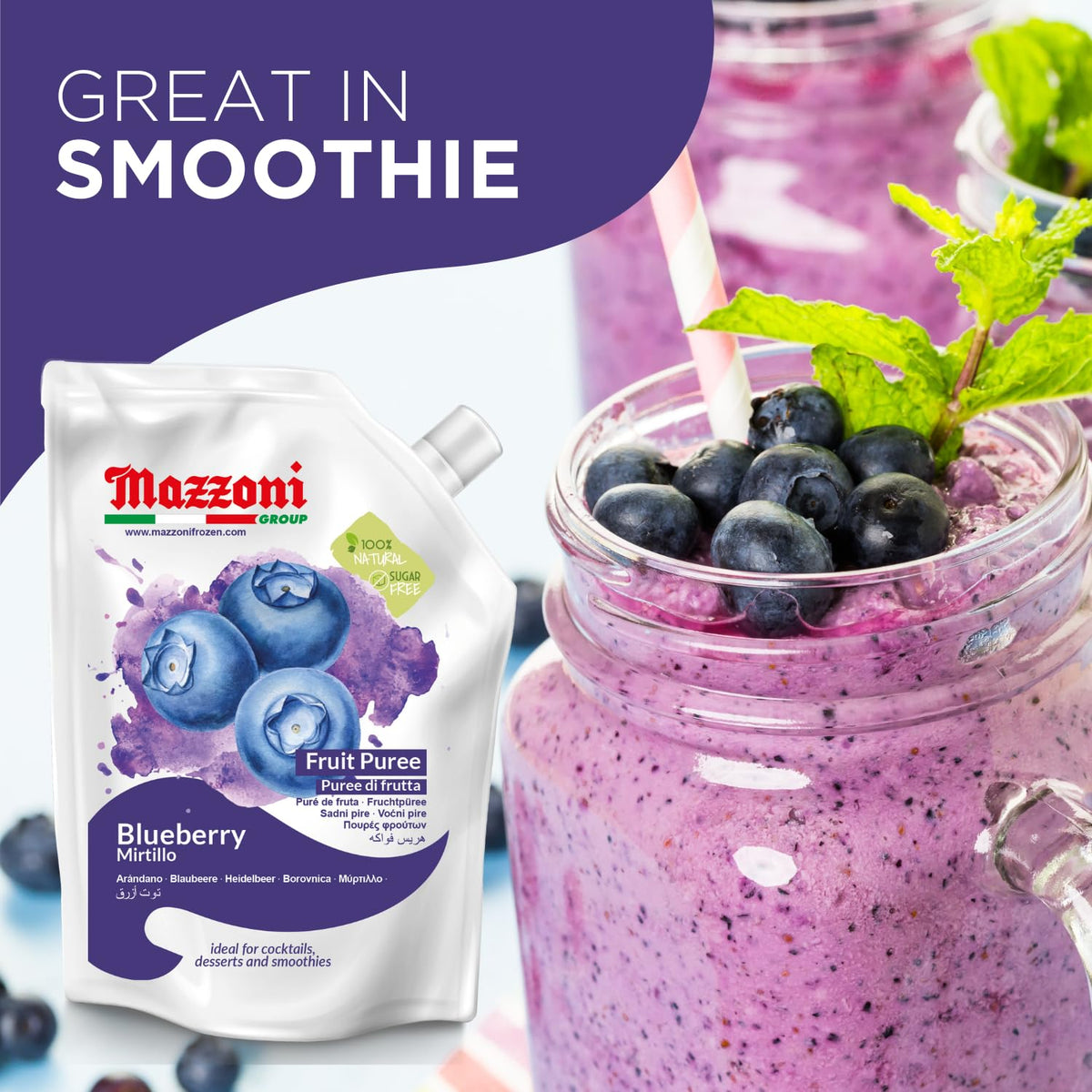 Mazzoni Blueberry Puree 2.2 lb pouch in pantry.