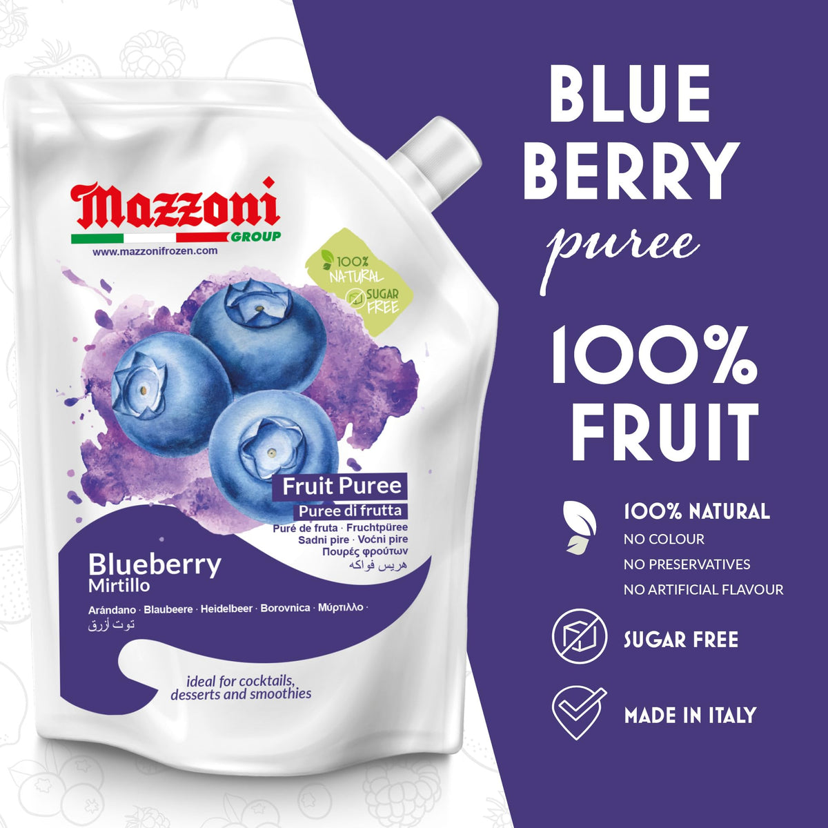 Mazzoni Blueberry Puree in a blender for vibrant smoothies.
