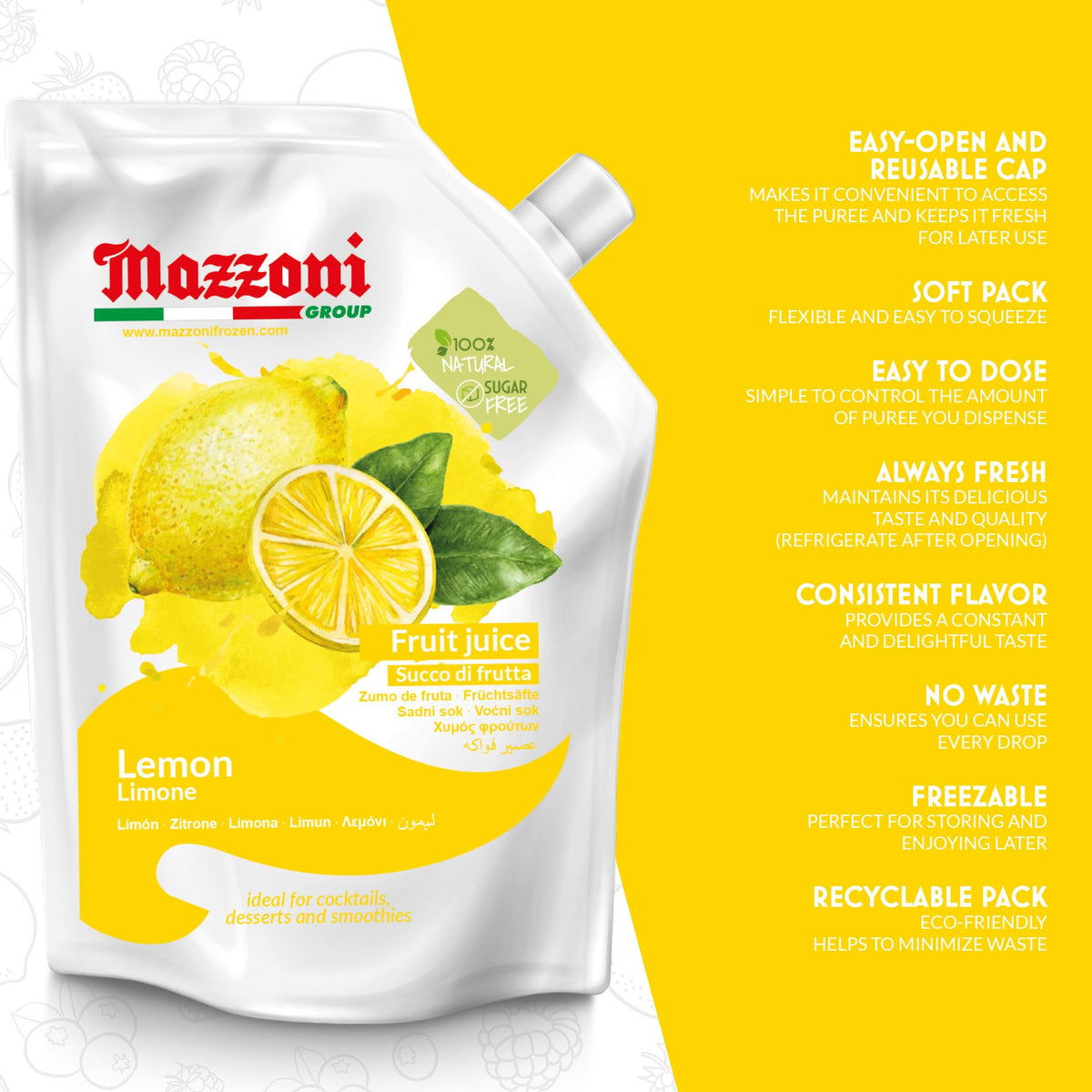 Packaging of Mazzoni Lemon Juice in a 2.2 lb pouch for convenient storage.