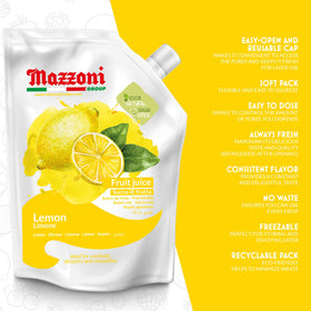 Packaging of Mazzoni Lemon Juice in a 2.2 lb pouch for convenient storage.