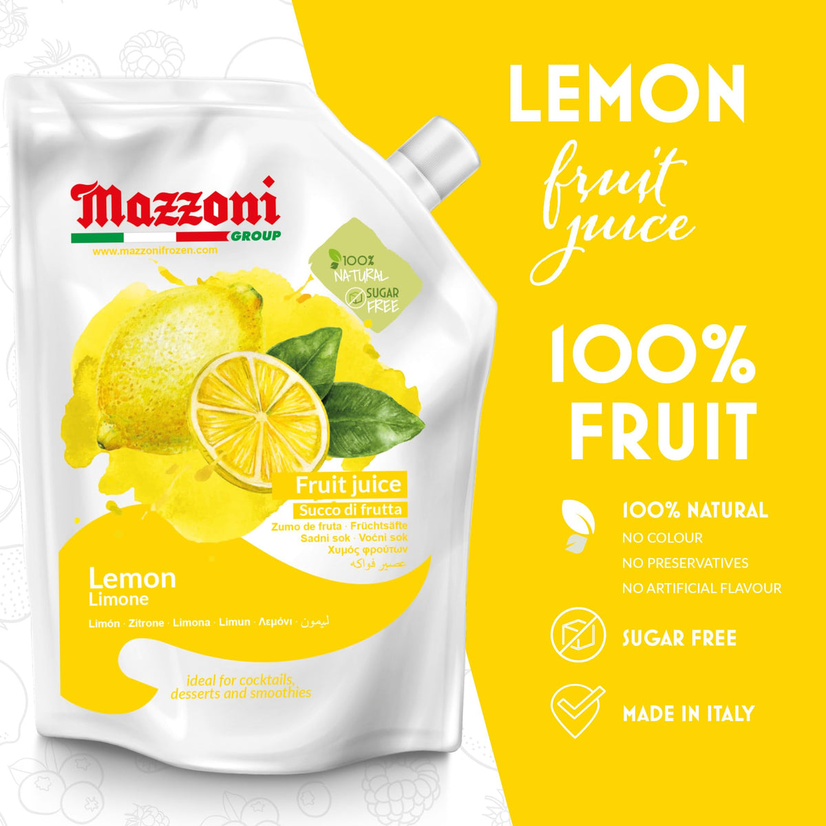 Close-up of Mazzoni Lemon Juice bottle showing fresh, clean citrus aroma.