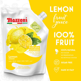 Close-up of Mazzoni Lemon Juice bottle showing fresh, clean citrus aroma.