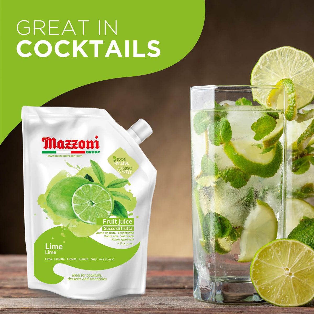 Crisp lime slices evoke vibrant flavor for drinks and recipes with Mazzoni.