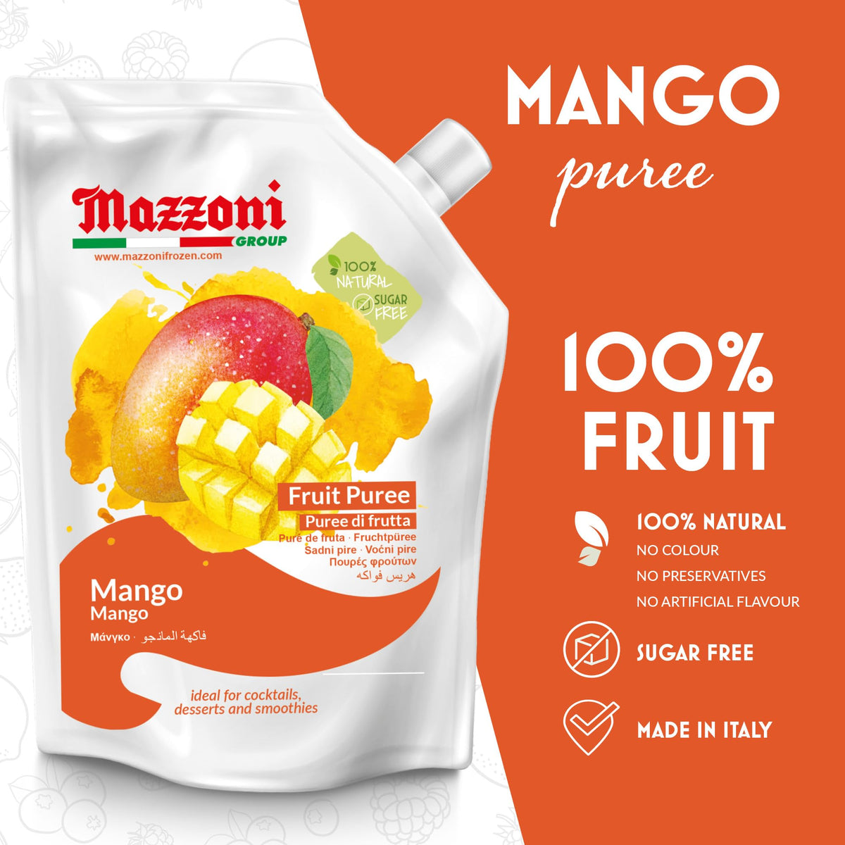 Mazzoni mango puree 2-2lb pouch ready for quick smoothies.