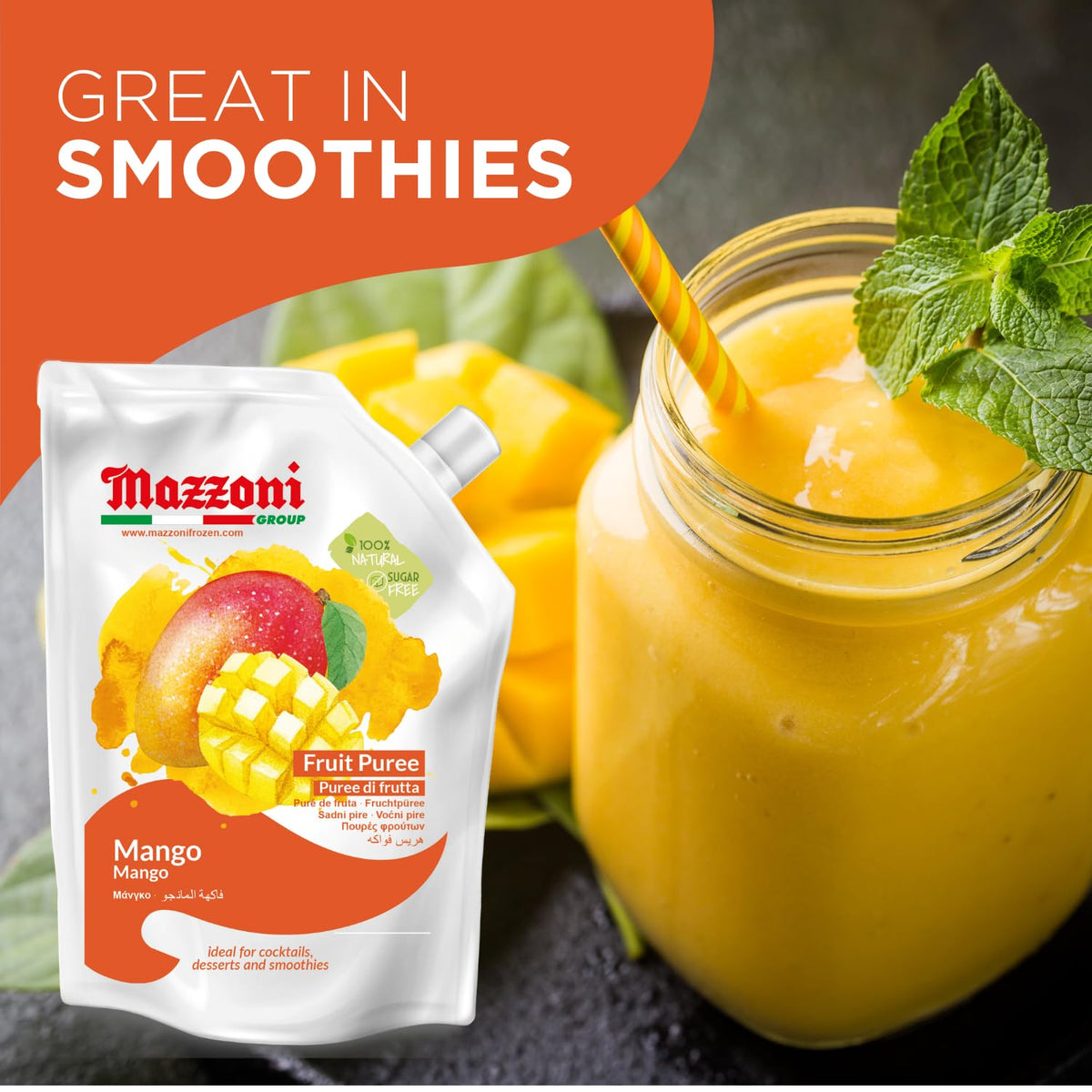 Mazzoni mango puree pouch on countertop for easy storage.