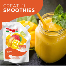 Mazzoni mango puree pouch on countertop for easy storage.