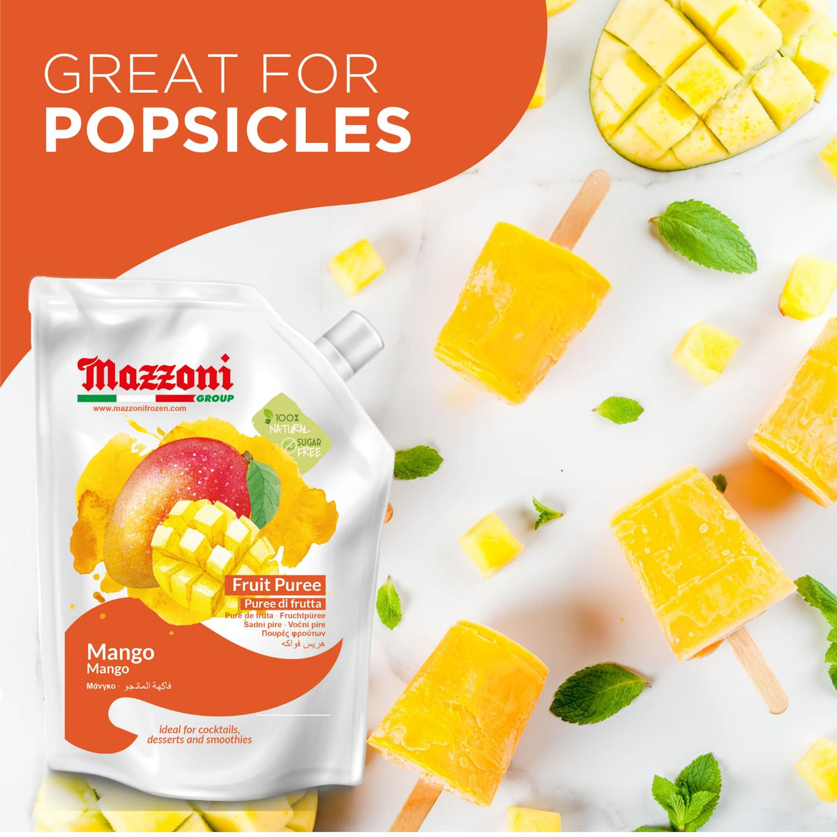Mazzoni mango puree ingredients label emphasizes 100% mango quality.