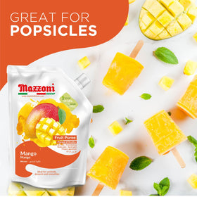Mazzoni mango puree ingredients label emphasizes 100% mango quality.