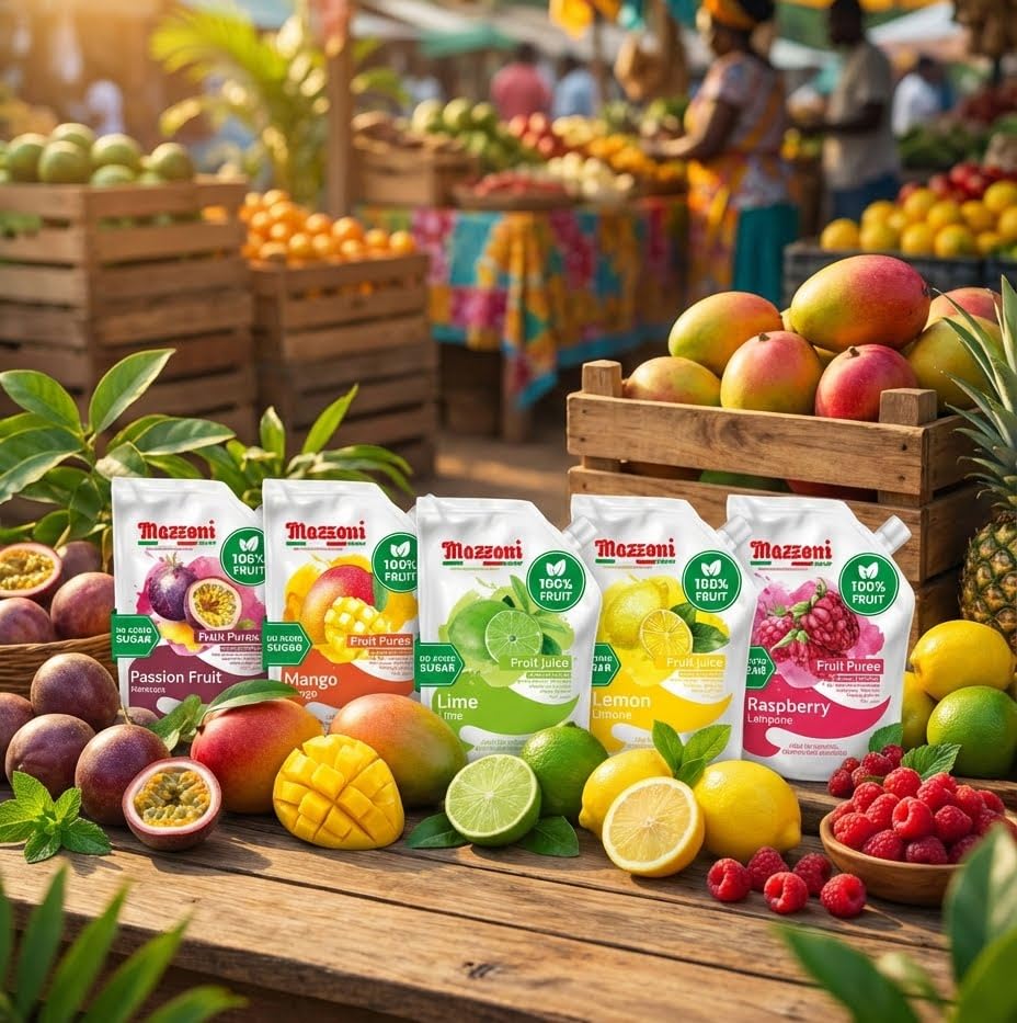 Mazzoni mango puree no sugar added, ideal for fresh drinks.