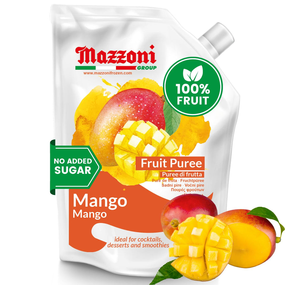 Mazzoni mango puree pouch closeup showing vibrant pulp for tropical drinks.
