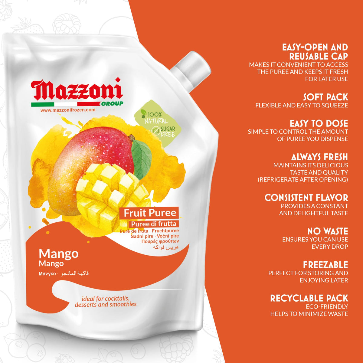 Mazzoni mango puree pour shot highlighting ready-to-make cocktails.