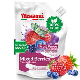 Mazzoni mixed berry puree pouch front view for convenient storage and usage