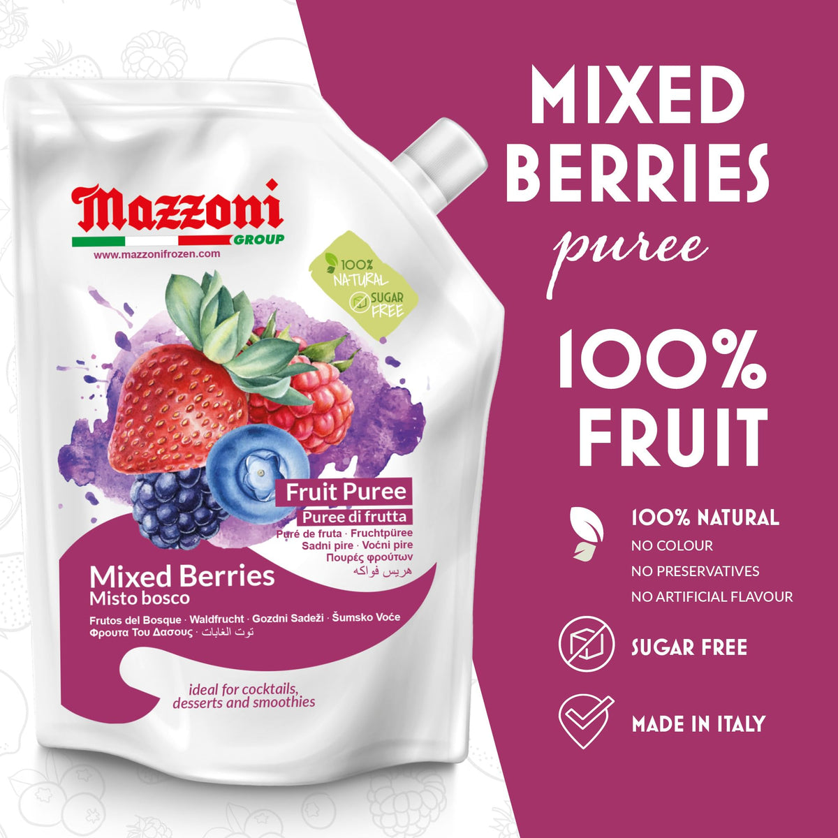 Mazzoni mixed berry puree label close up highlights natural fruit mix