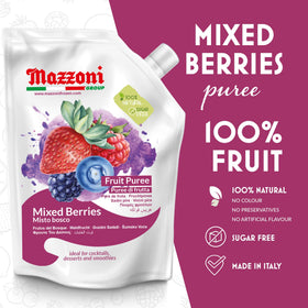 Mazzoni mixed berry puree label close up highlights natural fruit mix