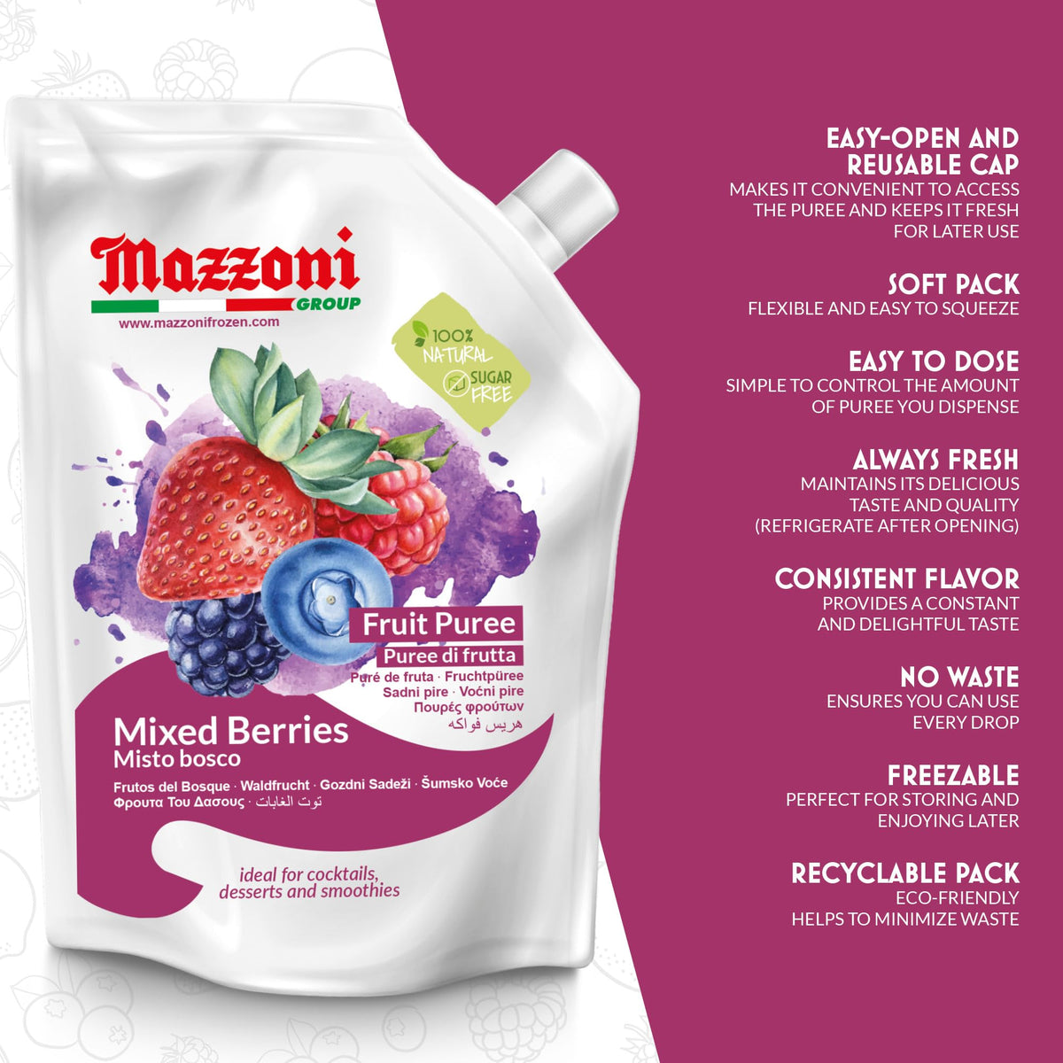 Mazzoni mixed berry puree being poured suggests easy smoothie additions