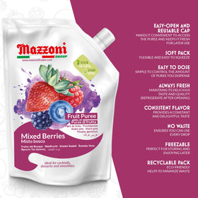 Mazzoni mixed berry puree being poured suggests easy smoothie additions