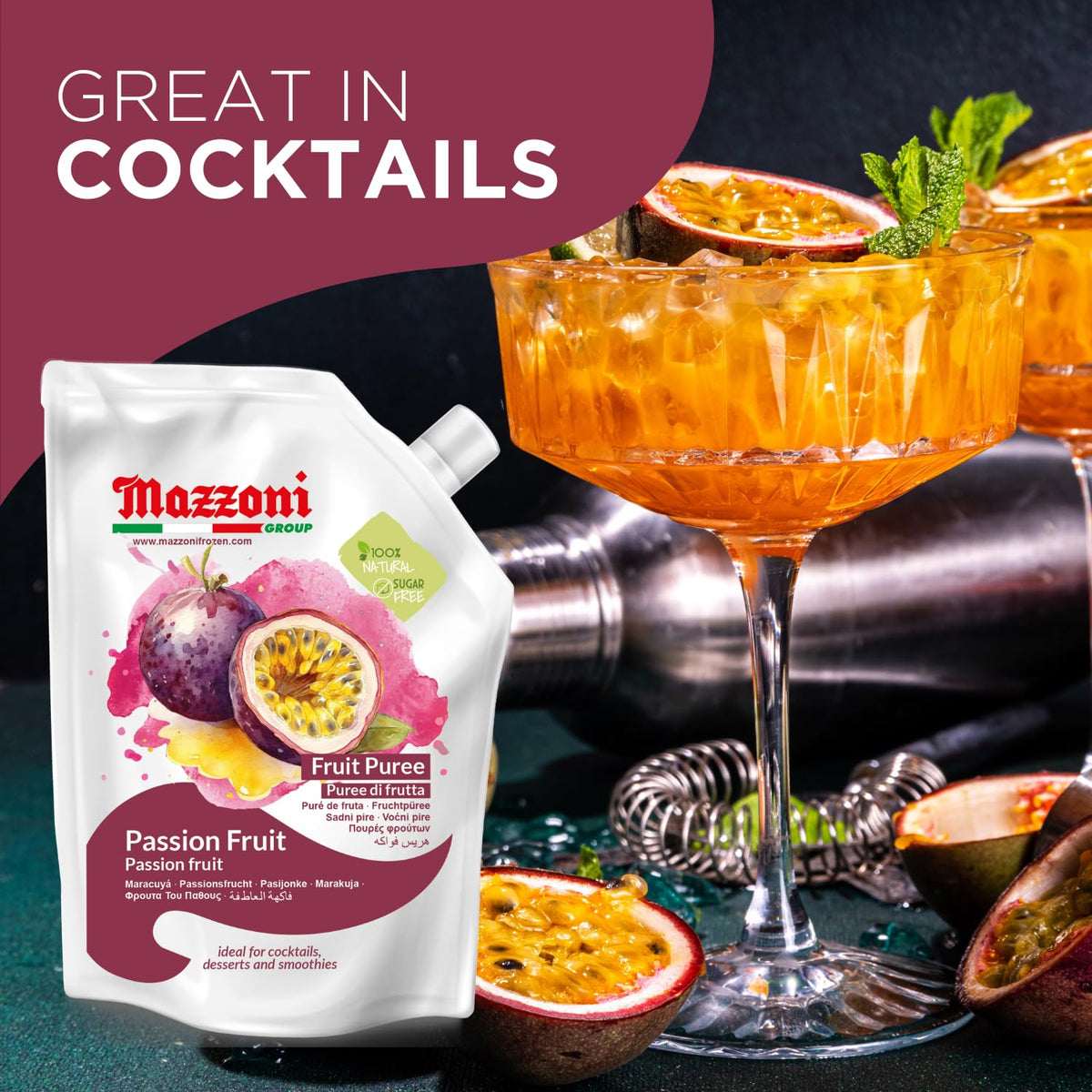 Mazzoni passion fruit puree cocktail martini glass emphasizes tangy base