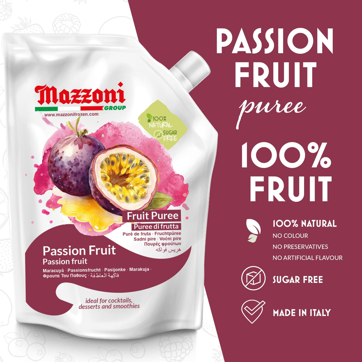Mazzoni passion fruit puree pour highlights smooth texture for cocktails and smoothies