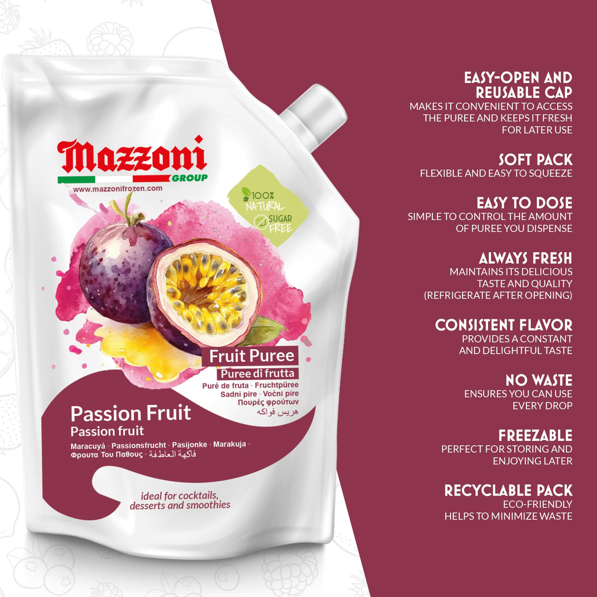 Mazzoni passion fruit puree smoothie shot with vibrant color and tropical flavor