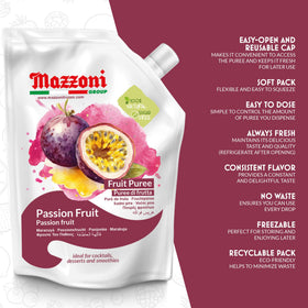 Mazzoni passion fruit puree smoothie shot with vibrant color and tropical flavor