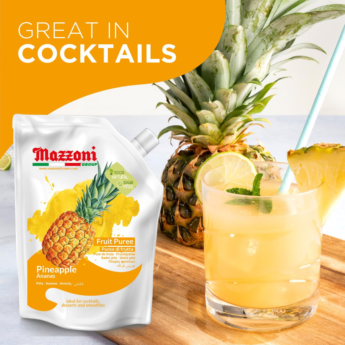 Mazzoni pineapple puree ideal for pineapple colada ideas.