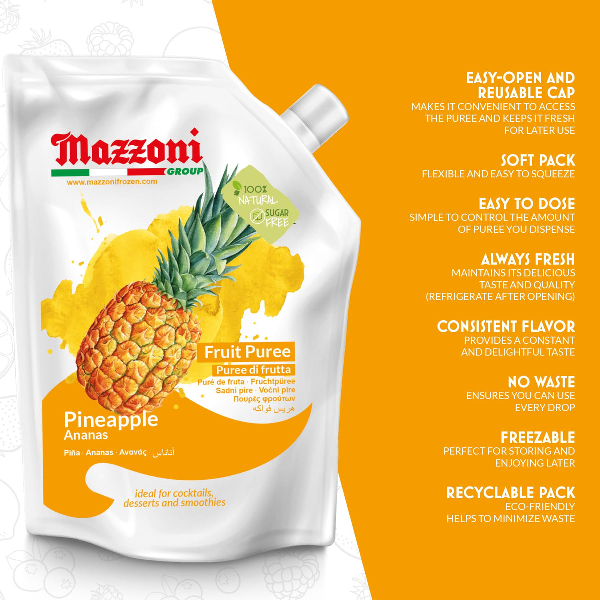 Mazzoni pineapple puree smoothie base enhances fruit beverages.