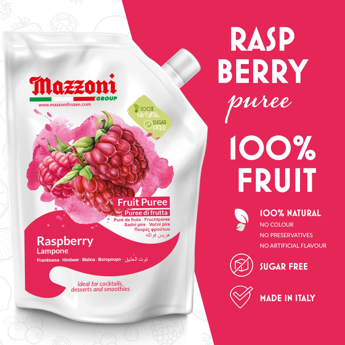 Mazzoni Raspberry Purée being poured for smoothies and cocktails.