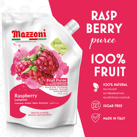 Mazzoni Raspberry Purée being poured for smoothies and cocktails.